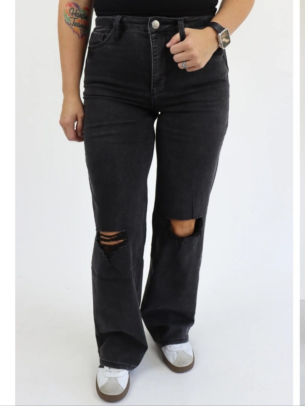 RFM Tummy Control Wide Leg Jeans Size 20 NWT Vintage Black Distressed